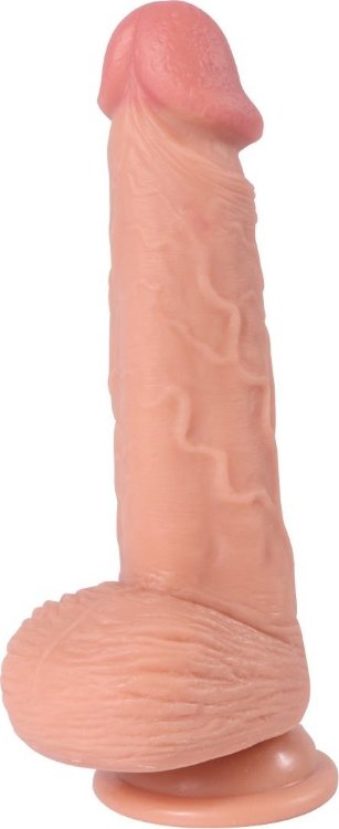 Телесный реалистичный фаллоимитатор REAL Dual Layer с мошонкой на присоске - 20 см.