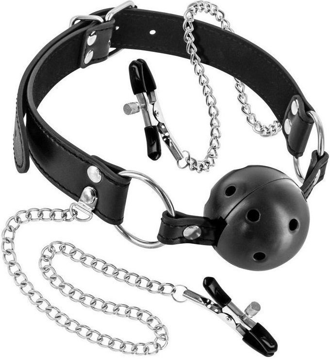 Жесткий шар-кляп с зажимами для сосков