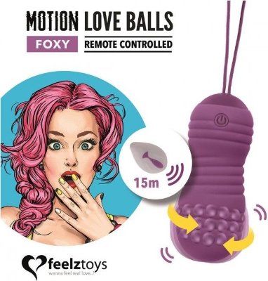 Фиолетовые вагинальные шарики с вращением бусин Remote Controlled Motion Love Balls Foxy  Цена 9 355 руб. Длина: 8.3 см. Диаметр: 3.2 см. Шарики Motion Love Balls подарят вам чертовски приятное ощущение внутри! Шарики красивого фиолетового цвета, из силикона, игривые и захватывающие, они двигаются и вращаются, создавая приятную вибрацию. А поскольку они бесшумные и водонепроницаемые, их можно использовать где угодно! Пульт дистанционного управления имеет радиус действия 15 метров, вы также можете использовать эти шарики вне дома, с партнером или без. Шарики обеспечивают 7 режимов вибрации, среди которых Вы обязательно подберете себе фаворитный. Полного заряда достаточно для непрерывной 1,5-часовой работы. Вы также можете использовать вращающиеся шарики для укрепления мышц тазового дна. Таким образом, эти шарики многофункциональны. Заряжаются от шнура USB, который прилагается в комплекте. Шарики упакованы в миниатюрную сумочку, которая может использоваться как стильный чехол для хранения Вашей игрушки. Вес - 44 гр. Страна: Китай. Материал: силикон. Батарейки: встроенный аккумулятор.