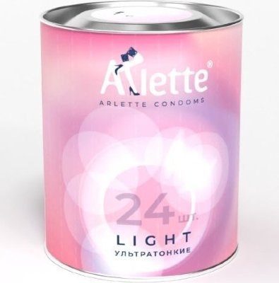 Ультратонкие презервативы Arlette Light - 24 шт.  Цена 2 272 руб. Длина: 18.5 см. Ультратонкие презервативы Arlette Light по достоинству оценят любители близости и естественных ощущений. Толщина их стенок составляет всего 0,05 мм и в полной мере передает весь спектр впечатлений. Arlette Light не сжимают пенис и не стесняют движения. Высокое качество латекса строго контролируется и гарантирует надежную защиту обоим партнерам. Приятный аромат тутти-фрутти задает игривое настроение и не раздражает химическими запахами. В упаковке - 24 шт. Толщина стенки - 0,05 мм. Ширина - 52 мм. Страна: Россия. Материал: латекс. Объем: 24 шт.