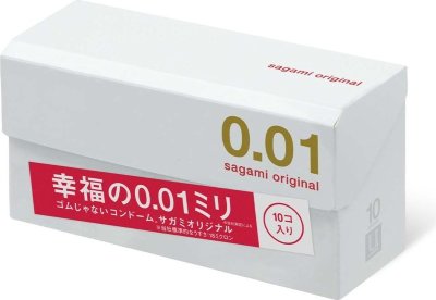 Супер тонкие презервативы Sagami Original 0.01 - 10 шт.  Цена 9 282 руб. Длина: 17 см. Презервативы из полиуретана в среднем в 3-4 раза тоньше, и в 3-6 раз прочнее, чем обычные латексные презервативы. 0.01 — это новое (третье) поколение полиуретановых презервативов Sagami Оriginal. Реальная толщина стенки презерватива теперь в шесть раз тоньше человеческого волоса! Отличная теплопроводность и гладкость поверхности, в результате, тепло партнера передается так, как если бы презерватива вообще не было. Полиуретан является биосовместимым материалом, но не содержит протеинов, как латекс, и идеально подходит в случае аллергии на протеины. Если очень коротко, то Sagami Original — это практически неощутимые и самые надежные презервативы в мире. В упаковке - 10 шт. Толщина стенки - 0,01 мм. Номинальная ширина - 55 мм. Страна: Япония. Материал: полиуретан. Объем: 10 шт.