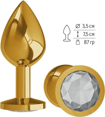 Золотистая средняя пробка с прозрачным кристаллом - 8,5 см.  Цена 2 746 руб. Длина: 8.5 см. Диаметр: 3.5 см. Гладенькая металлическая пробка с кристаллом в ограничительном основании. Рабочая длина - 7,5 см. Вес - 87 гр. Страна: Россия. Материал: металл.