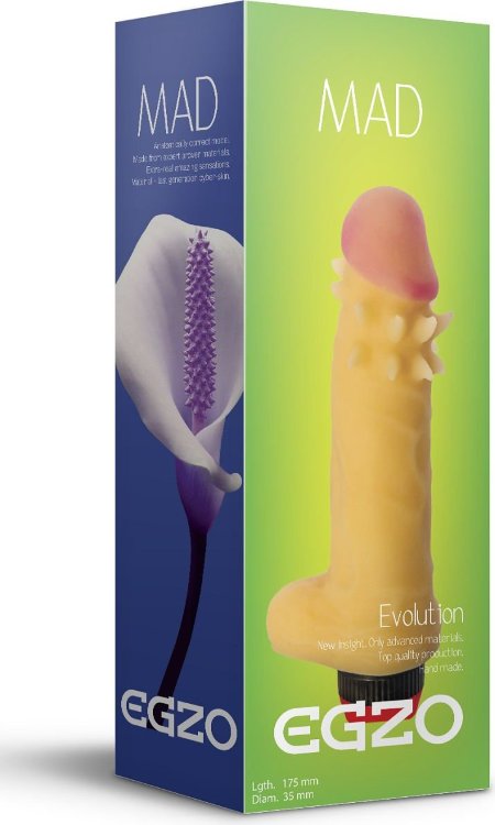 Телесный вибратор Mad Spike с мошонкой и усиками вокруг головки - 17,5 см.