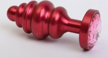 Красная ребристая анальная пробка с розовым стразом - 7,3 см.
