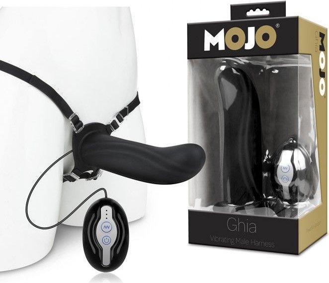 Черный полый страпон с вибрацией Mojo Ghia - 16 см.