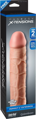 Телесная насадка Fantasy X-tensions Perfect 2 Extension - 20,3 см.  Цена 6 006 руб. Длина: 20.3 см. Диаметр: 4.4 см. Реалистичная насадка с выделяющимися венами, складками, ярко выраженной головкой. Изготовлена из супер-эластичного Fanta Flesh материала. Материал не содержит фталатов. Подходит для большинства размеров. Увеличивает диаметр (даёт в среднем 33% увеличения в диаметре от исходных параметров) и увеличивает длину на 5,1 см. Легко обрезается у основания для идеальной подгонки под индивидуальные параметры. Может использоваться как мастурбатор. Внутренний диаметр - 2,5 см. Прирост длины - 5,1 см. Страна: Китай. Материал: термопластичный эластомер (TPE).