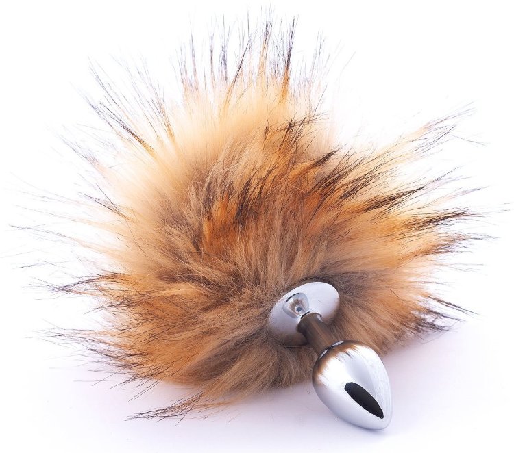 Серебристая анальная пробка с коричневым хвостиком