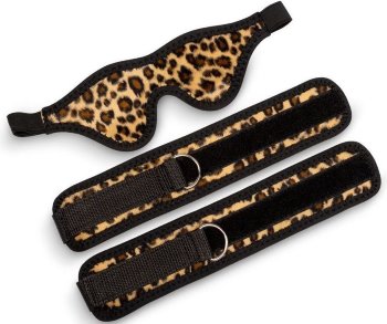 Черно-леопардовый комплект: наручники на липучке и маска без прорезей