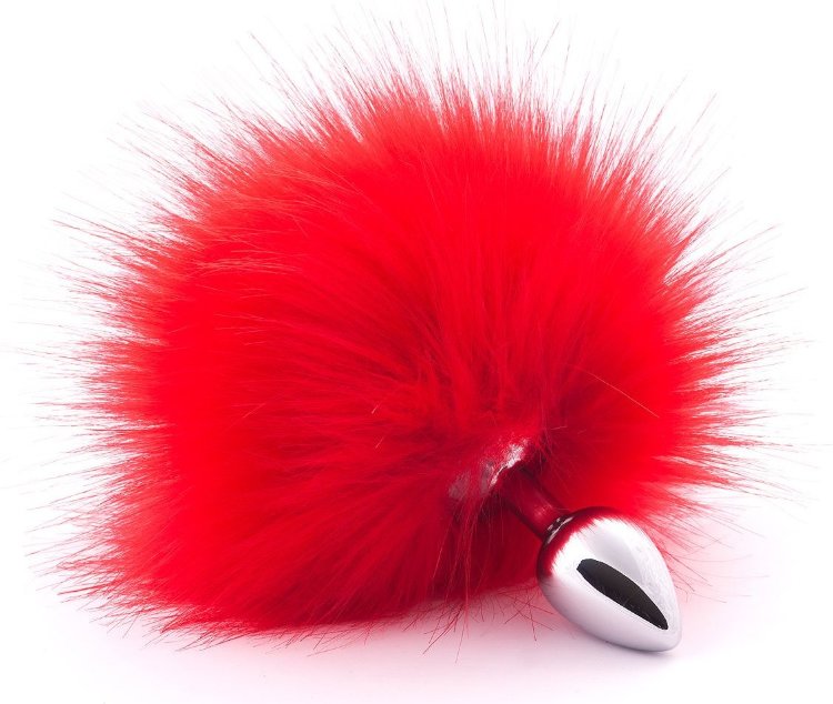 Серебристая анальная пробка с красным хвостиком