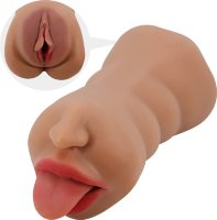 Темно-бежевый двусторонний мастурбатор Sarah - ротик и вагина