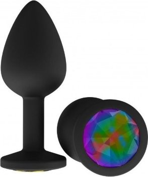 Чёрная анальная втулка с разноцветным кристаллом - 7,3 см.