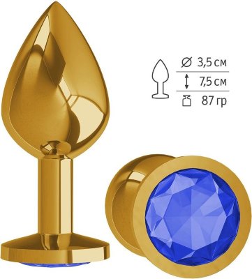 Золотистая средняя пробка с синим кристаллом - 8,5 см.  Цена 2 746 руб. Длина: 8.5 см. Диаметр: 3.5 см. Гладенькая металлическая пробка с кристаллом в ограничительном основании. Рабочая длина - 7,5 см. Вес - 87 гр. Страна: Россия. Материал: металл.