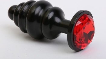Черная фигурная анальная пробка с красным кристаллом - 8,2 см.