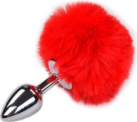 Серебристая анальная пробка с красным хвостиком Metal Anal Fluffy Size S