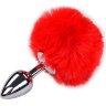 Серебристая анальная пробка с красным хвостиком Metal Anal Fluffy Size S