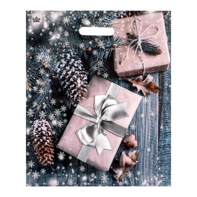 Новогодний пакет с принтом в виде подарков и вырубной ручкой (45х38 см)  Цена 166 руб. Новогодний пакет с принтом в виде подарков и вырубной ручкой (45х38 см). Страна: Россия. Материал: полиэтилен.