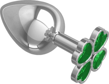Серебристая анальная пробка-клевер с зеленым кристаллом - 9,5 см.