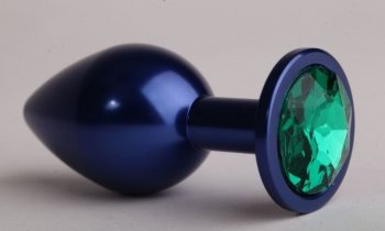 Синяя анальная пробка с зелёным стразом - 7,6 см.