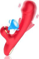 Красный вибратор с вакуумной стимуляцией клитора и функцией фингеринга - 24 см.