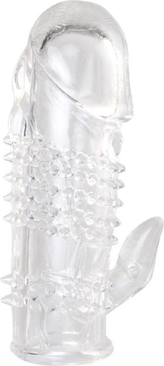 Прозрачная гелевая насадка с шипами и клиторальным отростком - 13 см.