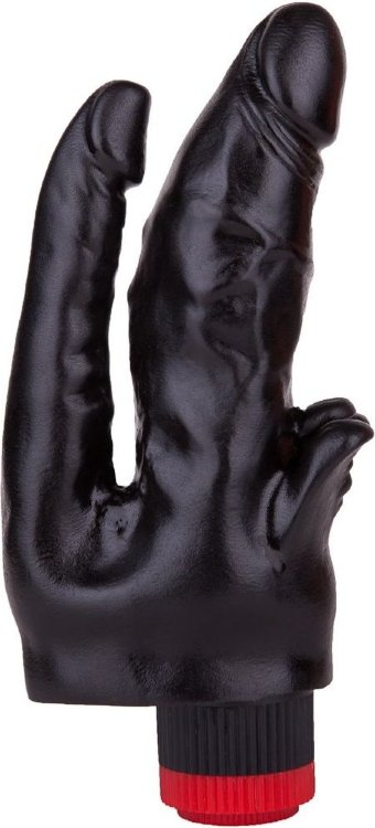 Чёрный вибромассажёр с двумя стволами и лепестками - 17 см.