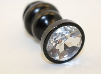 Черная фигурная анальная пробка с прозрачным кристаллом - 7,3 см.