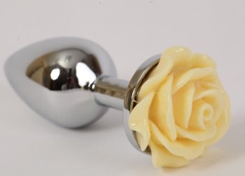 Серебристая анальная пробка с жёлтой розой - 7,6 см.