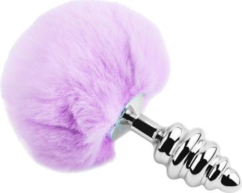 Серебристая анальная пробка с сиреневым мехом Metal Anal Fluffly Twist Plug L