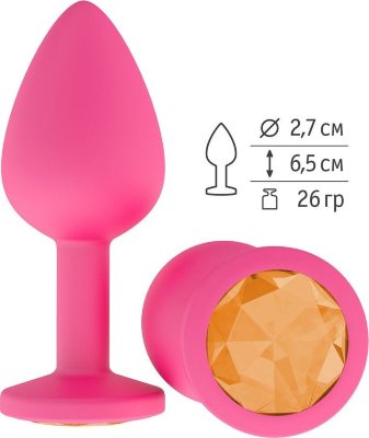 Розовая анальная втулка с оранжевым кристаллом - 7,3 см.  Цена 1 660 руб. Длина: 7.3 см. Диаметр: 2.7 см. Гладенькая силиконовая пробка с кристаллом в ограничительном основании. Рабочая длина - 6,5 см. Вес - 26 гр. Страна: Россия. Материал: силикон.