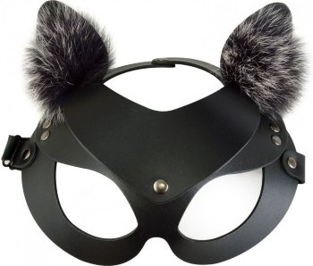 Черная кожаная маска Кошечка с мехом