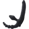 Чёрный безремневой страпон с вибрацией и анальным отростком