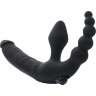 Чёрный безремневой страпон с вибрацией и анальным отростком