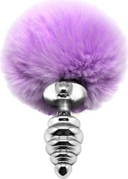 Серебристая анальная пробка с сиреневым помпоном Metal Anal Fluffly Twist Plug S