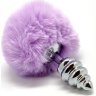 Серебристая анальная пробка с сиреневым помпоном Metal Anal Fluffly Twist Plug S