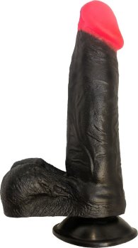 Чёрный фаллоимитатор с красной головкой - 18,5 см.