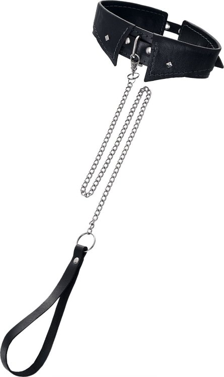 Черный кожаный ошейник-воротник с поводком
