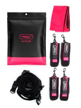 Черно-розовый эротический набор: фиксатор, оковы, наручники, повязка