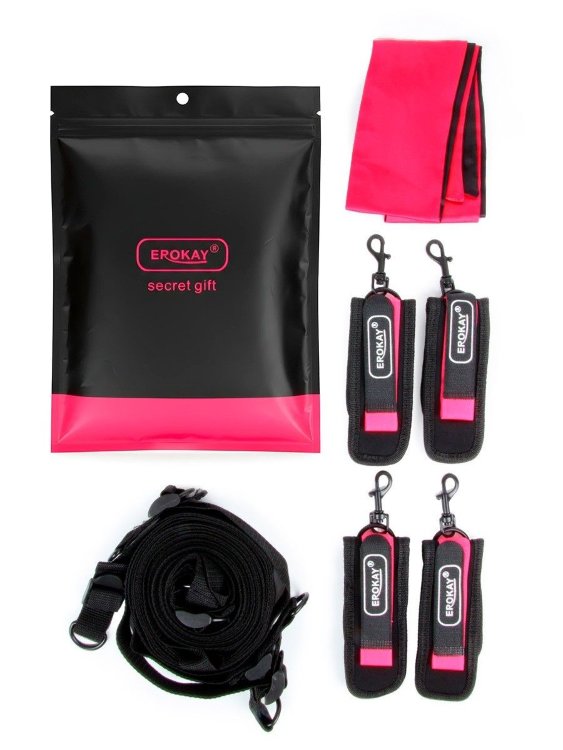 Черно-розовый эротический набор: фиксатор, оковы, наручники, повязка