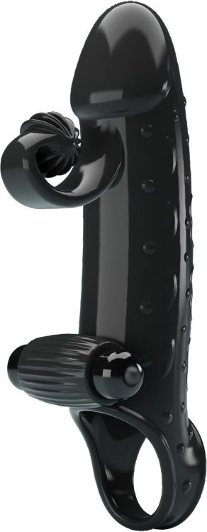 Черная вибронасадка на пенис с подхватом мошонки - 20 см.