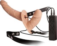 Телесный страпон с вибрацией и вагинальной пробкой DOUBLE THRUSTER VIBE WITH HARNESS - 17 см.