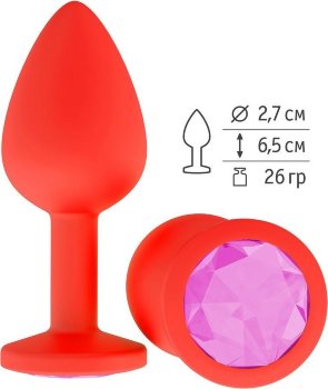 Красная анальная втулка с розовым кристаллом - 7,3 см.