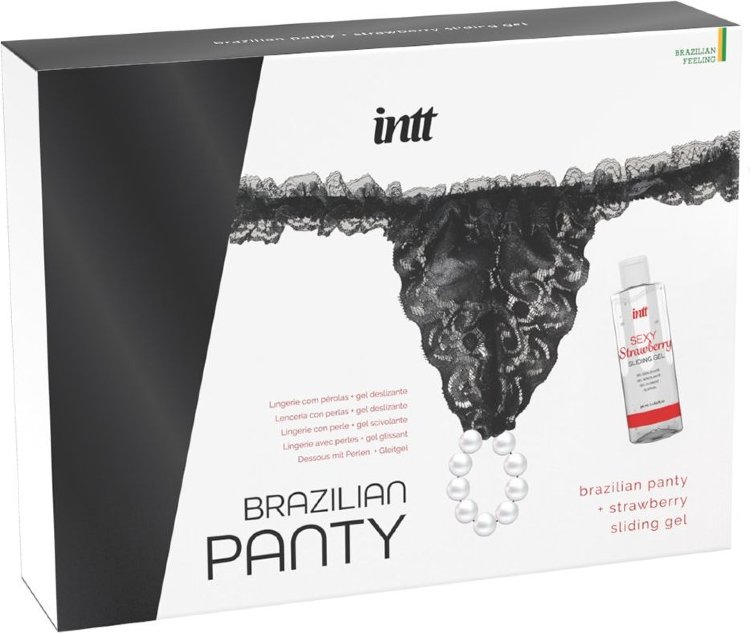 Черные трусики со стимулирующими бусинами и массажным гелем Sliding Gel Strawberry в комплекте