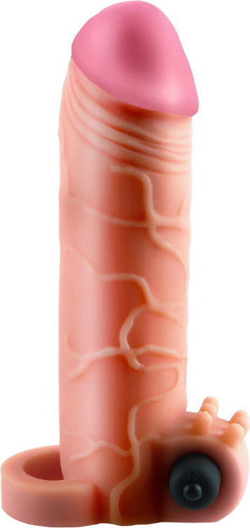 Телесная вибронасадка с кольцом Vibrating Real Feel 2 Extension - 16 см.