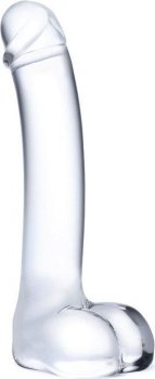 Прозрачный стеклянный фаллос с мошонкой Curved G-Spot - 18 см.