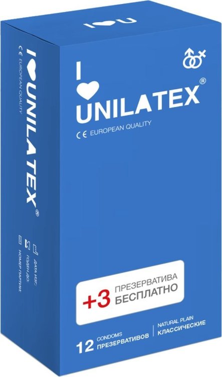 Классические презервативы Unilatex Natural Plain - 12 шт. + 3 шт. в подарок