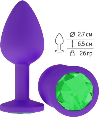 Фиолетовая силиконовая пробка с зеленым кристаллом - 7,3 см.  Цена 1 719 руб. Длина: 7.3 см. Диаметр: 2.7 см. Гладенькая силиконовая пробка с кристаллом в ограничительном основании. Рабочая длина - 6,5 см. Вес - 26 гр. Страна: Россия. Материал: силикон.