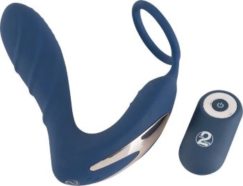 Синий вибростимулятор простаты с кольцом - 14,5 см.