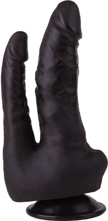 Двойной фаллоимитатор чёрного цвета на присоске - 17 см.