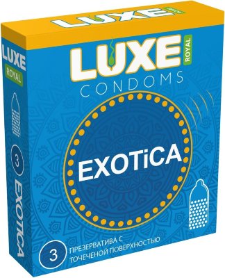 Текстурированные презервативы LUXE Royal Exotica - 3 шт.  Цена 222 руб. Длина: 18 см. Высококачественные текстурированные презервативы. Максимальное разнообразие и новые ощущения в ваших отношениях. В фирменной упаковке содержится 3 презерватива из тонкого латекса с точками. Ширина - 52 мм. Толщина стенок - 0,06 мм. В упаковке - 3 шт. Страна: Китай. Материал: латекс. Объем: 3 шт.