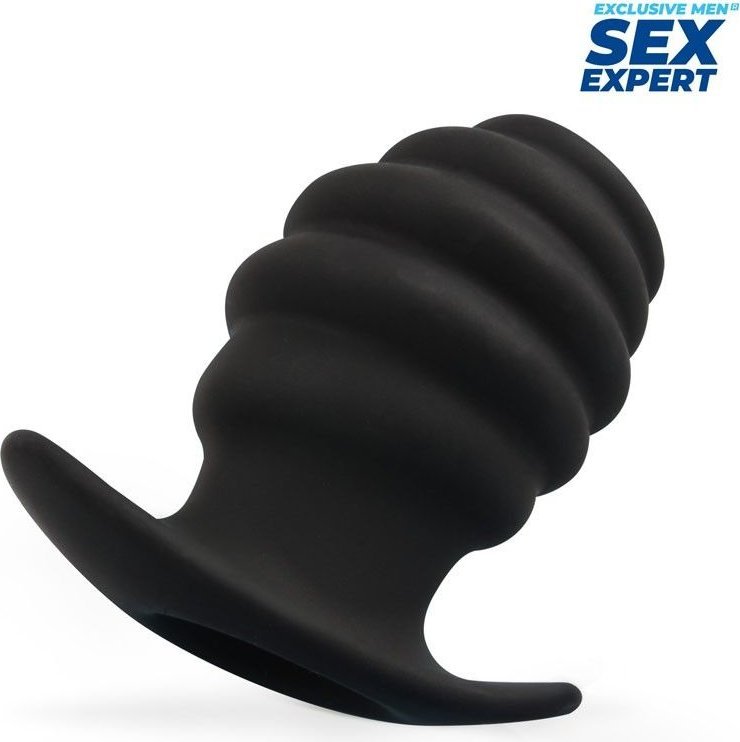 Черный рельефный анальный стимулятор-тоннель - 10 см.